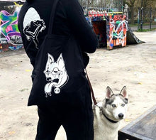 Load image into Gallery viewer, streetvet, street dogs, dogs, homeless, homelessness, rocco, tote bag, bags, sustainbale tote bags, earth positive cotton, ethical tote bag, skateboarding, skating
